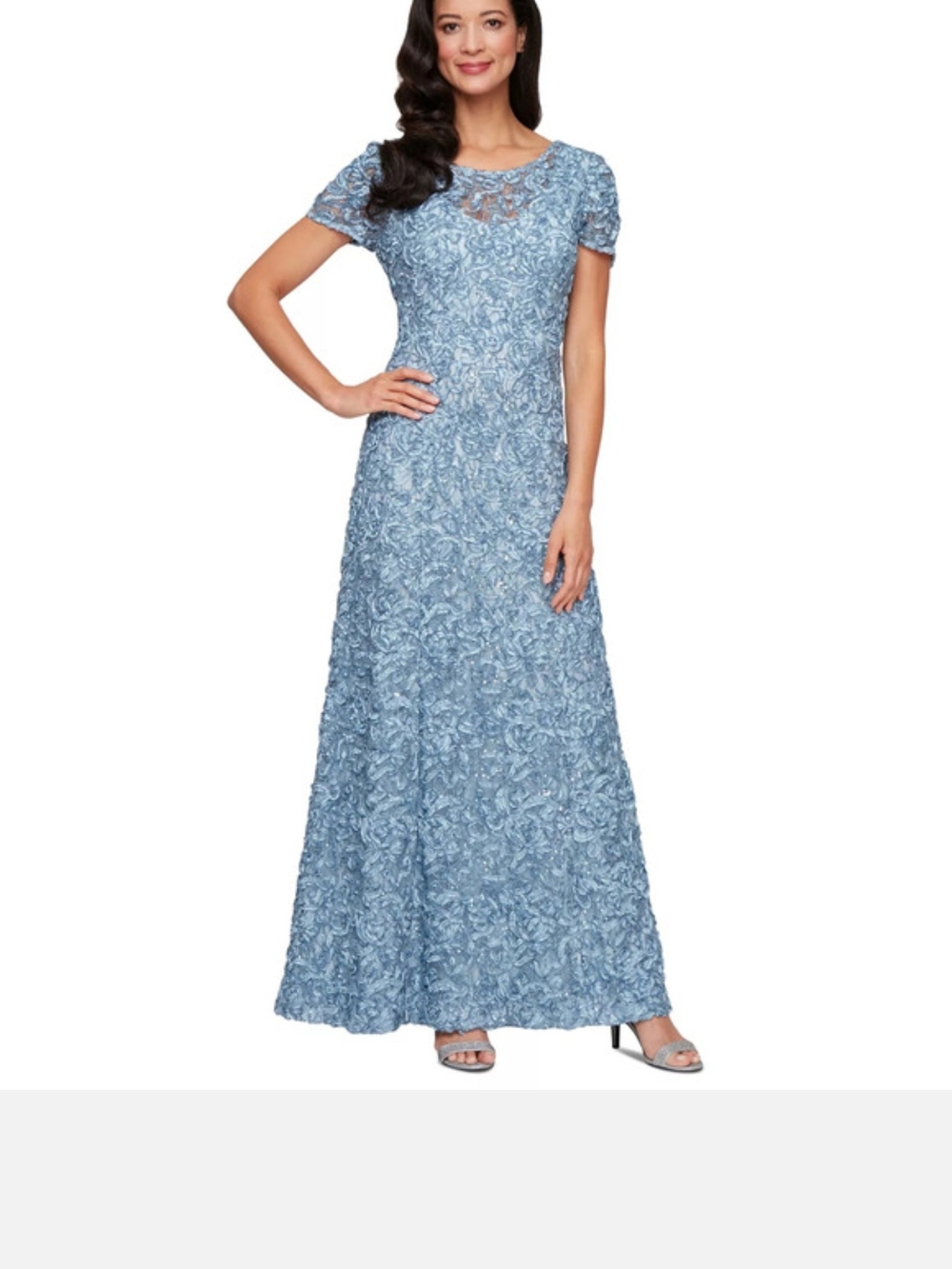 Alex Evenings Dusty Blue Floral Lace Short-Sleeve Maxi Dress